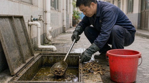 工作人员正在清理隔油池